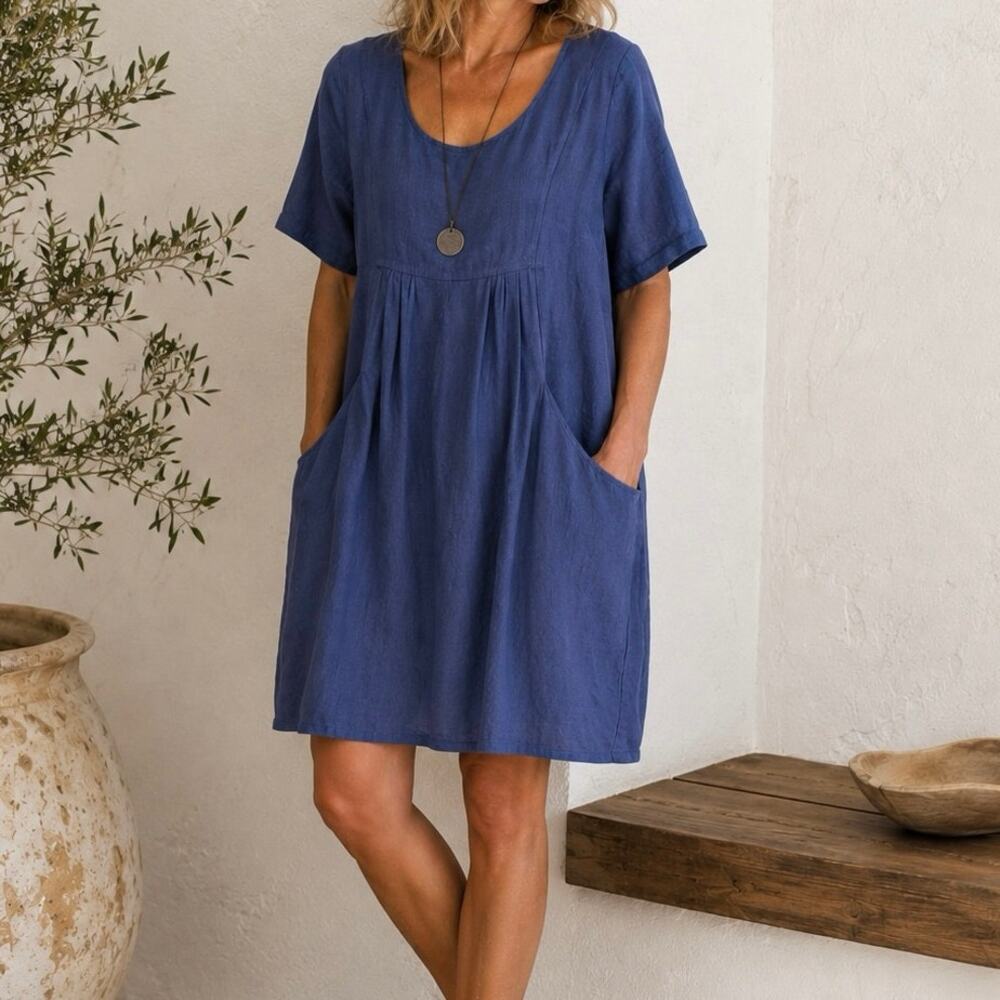 Lands Downunder 100% Italian Linen Empire Waist Lagenlook Coastal Shirt Dress L